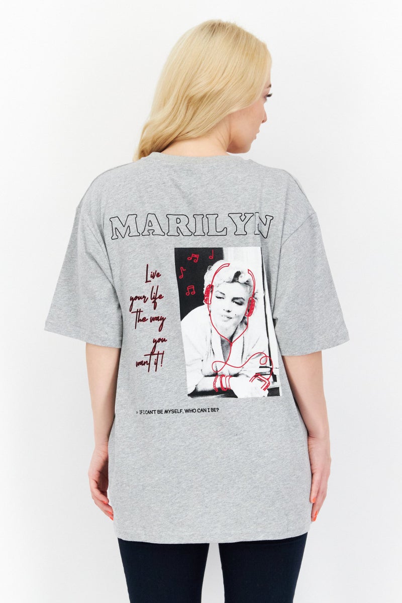 Marilyn Monroe Women Crew Neck Short Sleeve Brand Logo T-Shirt, Grey - Image 2